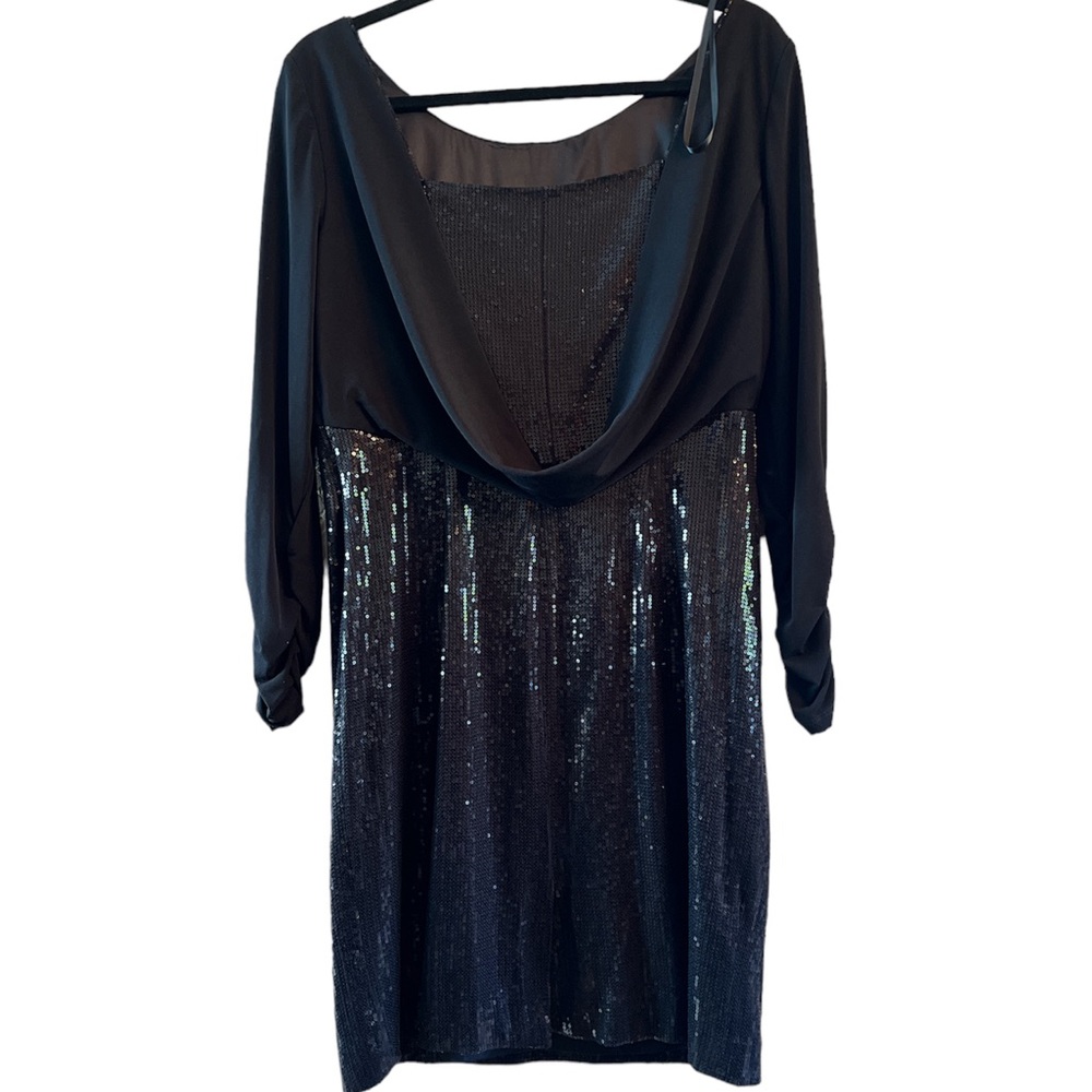 Vintage Tahari Black Sequin Midi Dress Cowl Drape Back Long Sleeve Size 10
